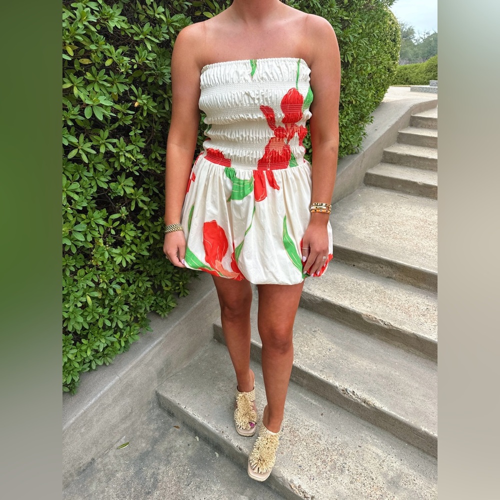 Floral Strapless Dress - White and Red